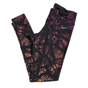 Nike Dri-Fit Women's Running Leggings Black Orange Pink Abstract Tree Size S